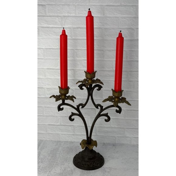 Vintage Ornate Wrought Iron and Brass 3 Arm Candelabra Candle Holder 12" tall - Picture 8 of 9